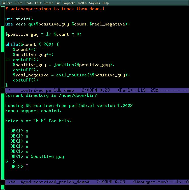 Screenshot: Perl debugger under emacs